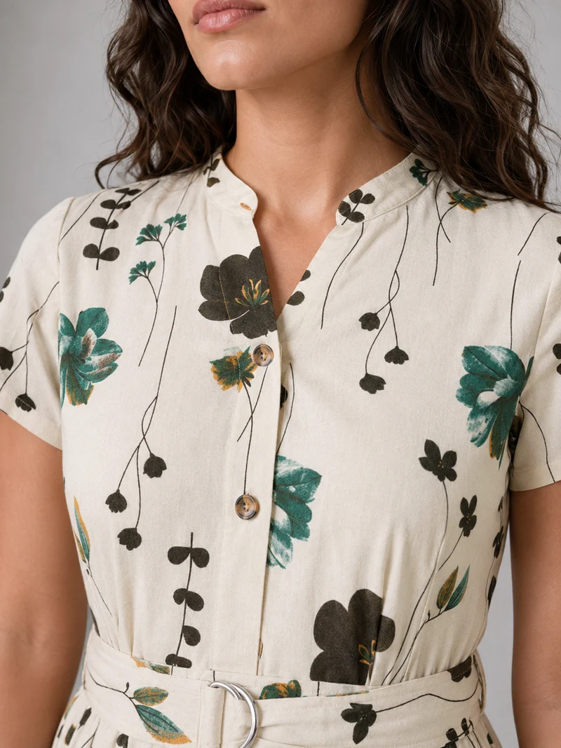 Nivo|Cotton Mandarin Collar Belted Midi Dress