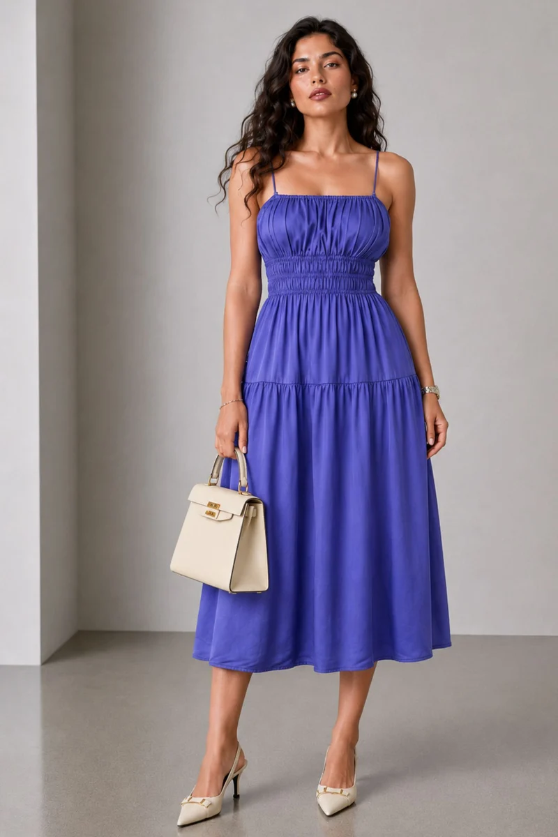 Vesper|Satin Elasticated Waist Midi Dress