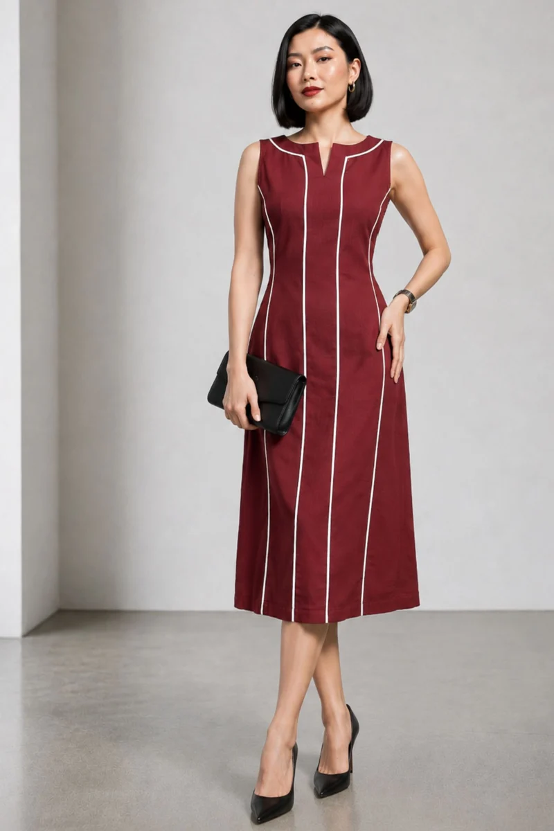Soren|Cotton Contrast Piping Shift Midi Dress