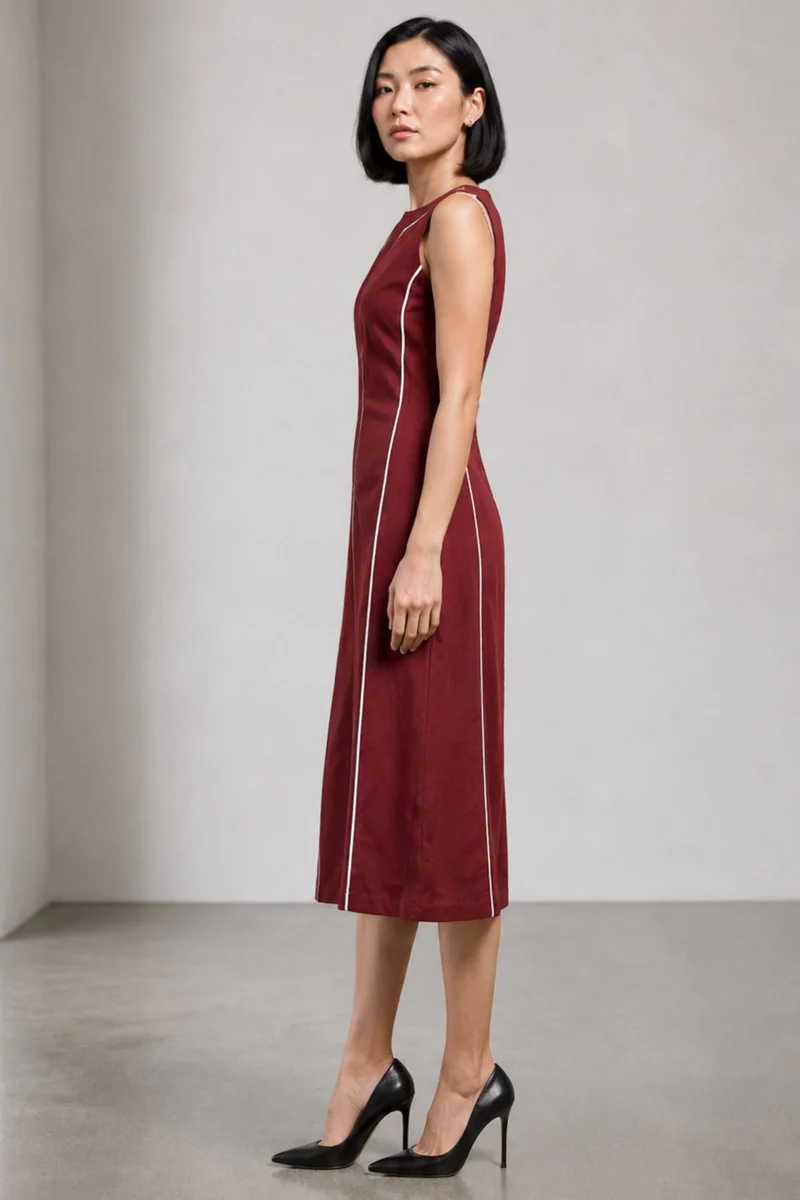 Soren|Cotton Contrast Piping Shift Midi Dress
