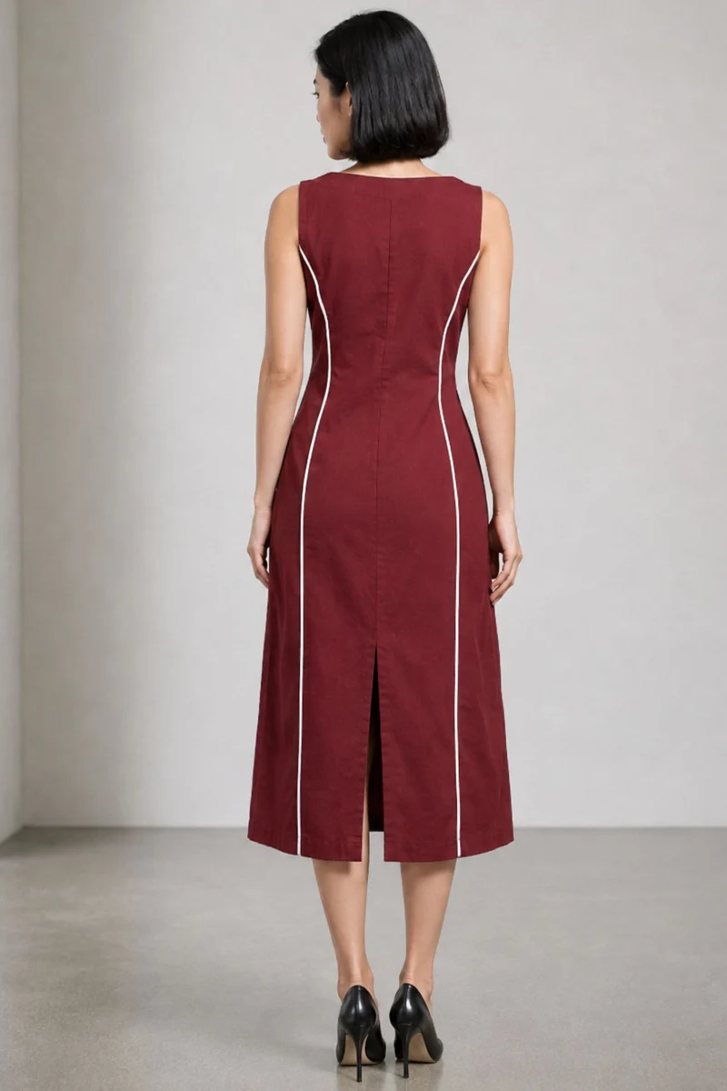 Soren|Cotton Contrast Piping Shift Midi Dress