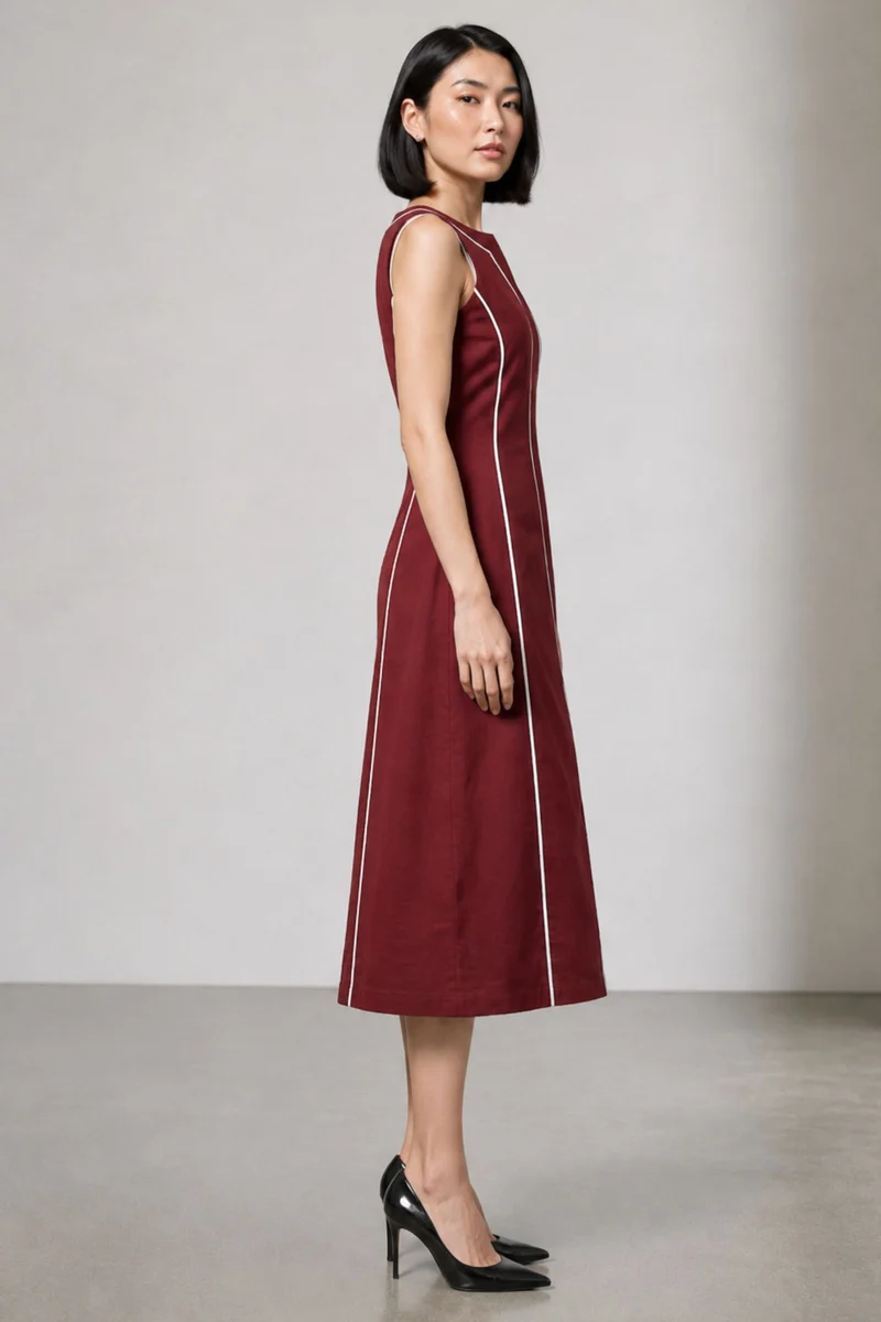 Soren|Cotton Contrast Piping Shift Midi Dress