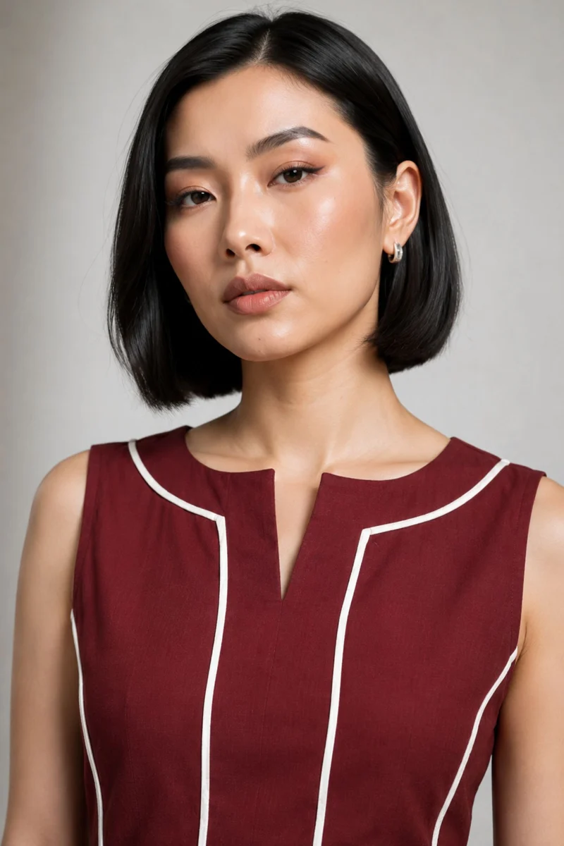 Soren|Cotton Contrast Piping Shift Midi Dress