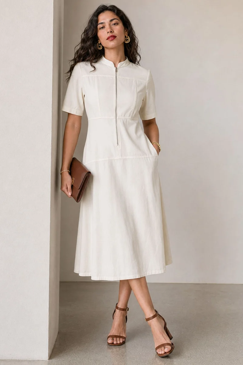 Vesta|Cotton Panelled Zipfront Maxi Dress
