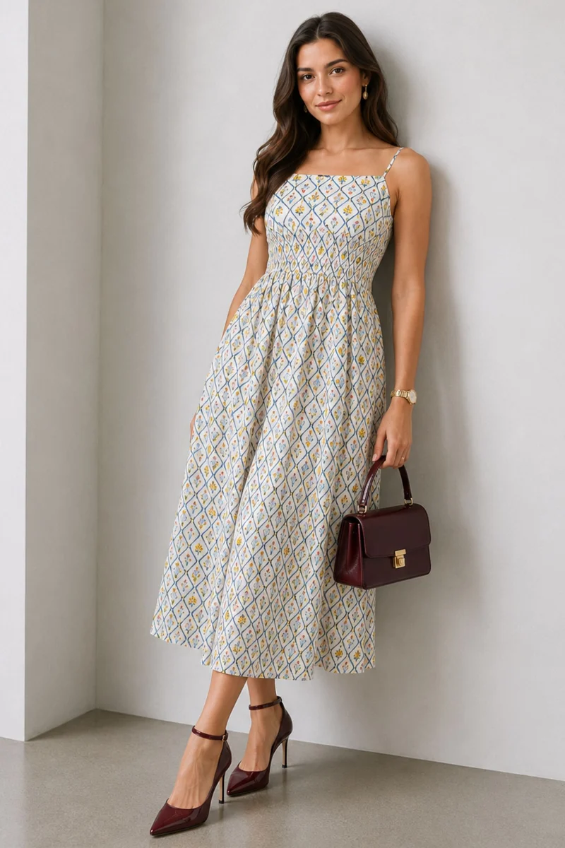 Avara|Cotton Printed Smocked Midi Dress