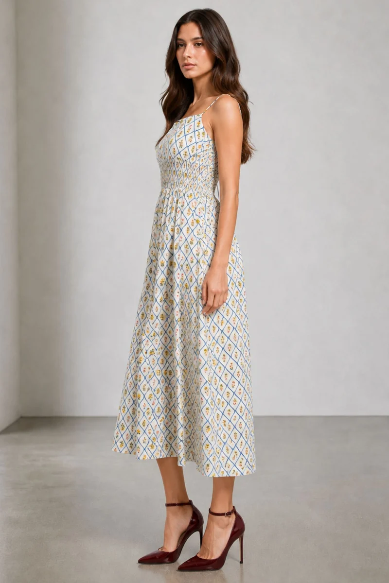 Avara|Cotton Printed Smocked Midi Dress