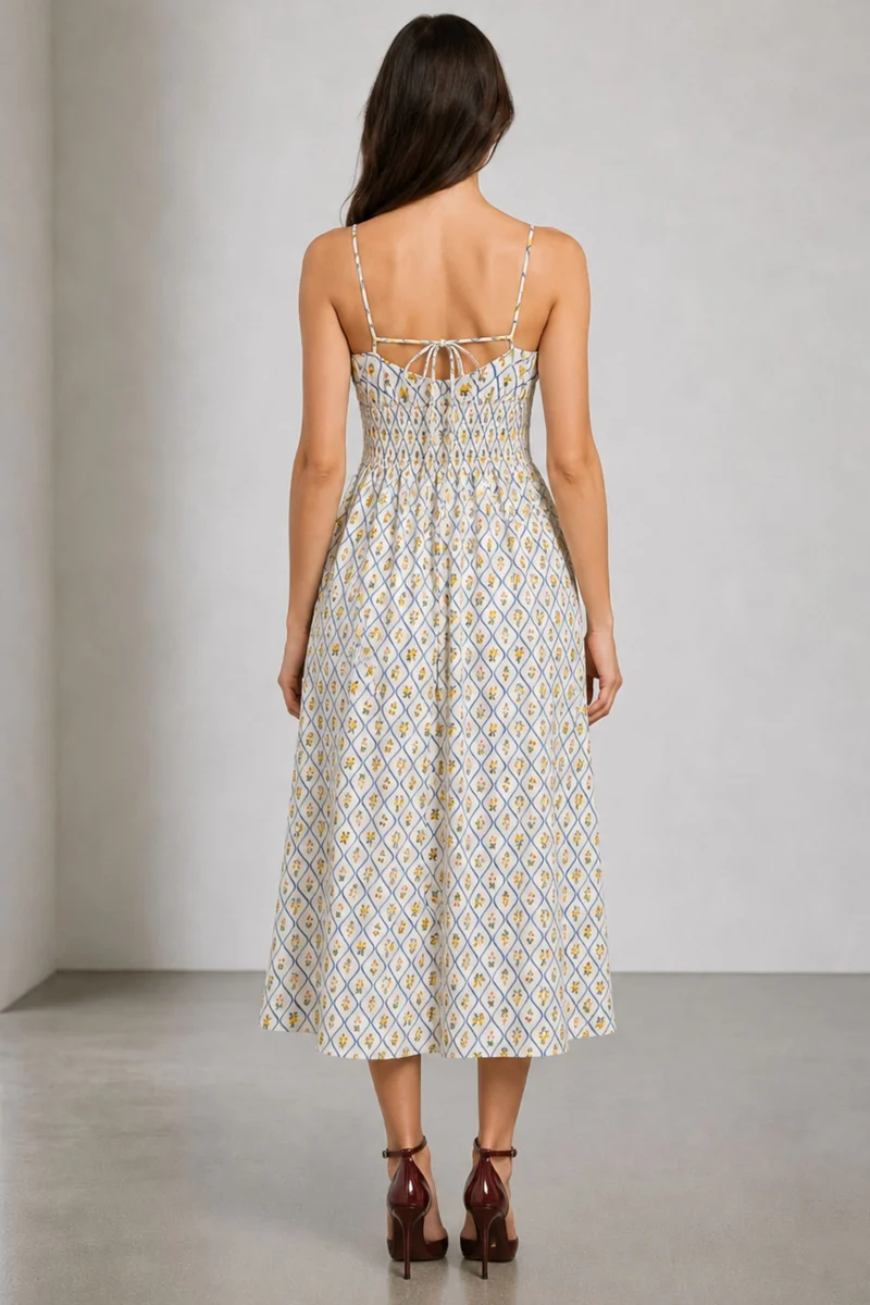 Avara|Cotton Printed Smocked Midi Dress