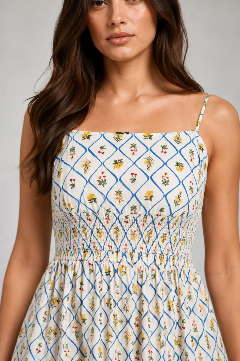 Avara|Cotton Printed Smocked Midi Dress