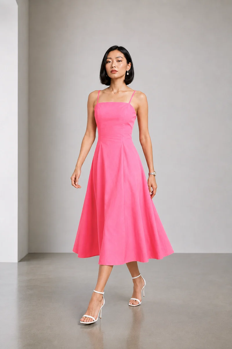 Arlen|Cotton Strappy Flared Midi Dress