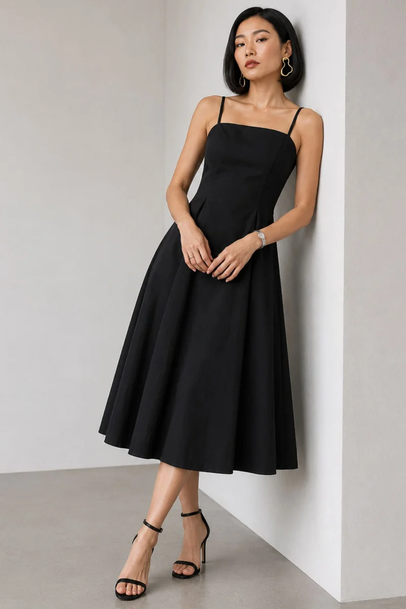 Riven|Cotton Strappy Flared Midi Dress
