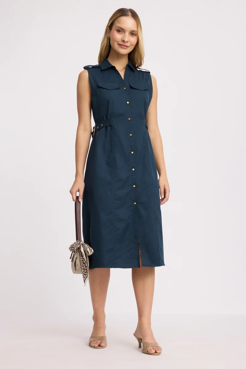 Kook|100% Cotton Sleeveless Belted Midi Dress
