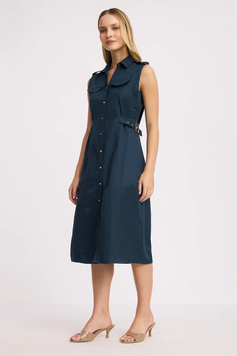 Kook|100% Cotton Sleeveless Belted Midi Dress