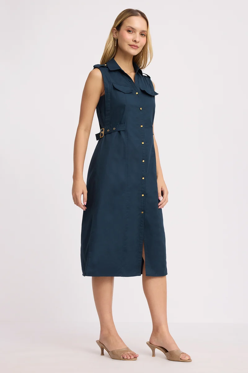 Kook|100% Cotton Sleeveless Belted Midi Dress
