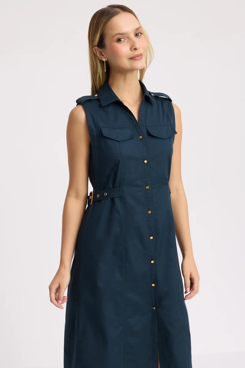 Kook|100% Cotton Sleeveless Belted Midi Dress