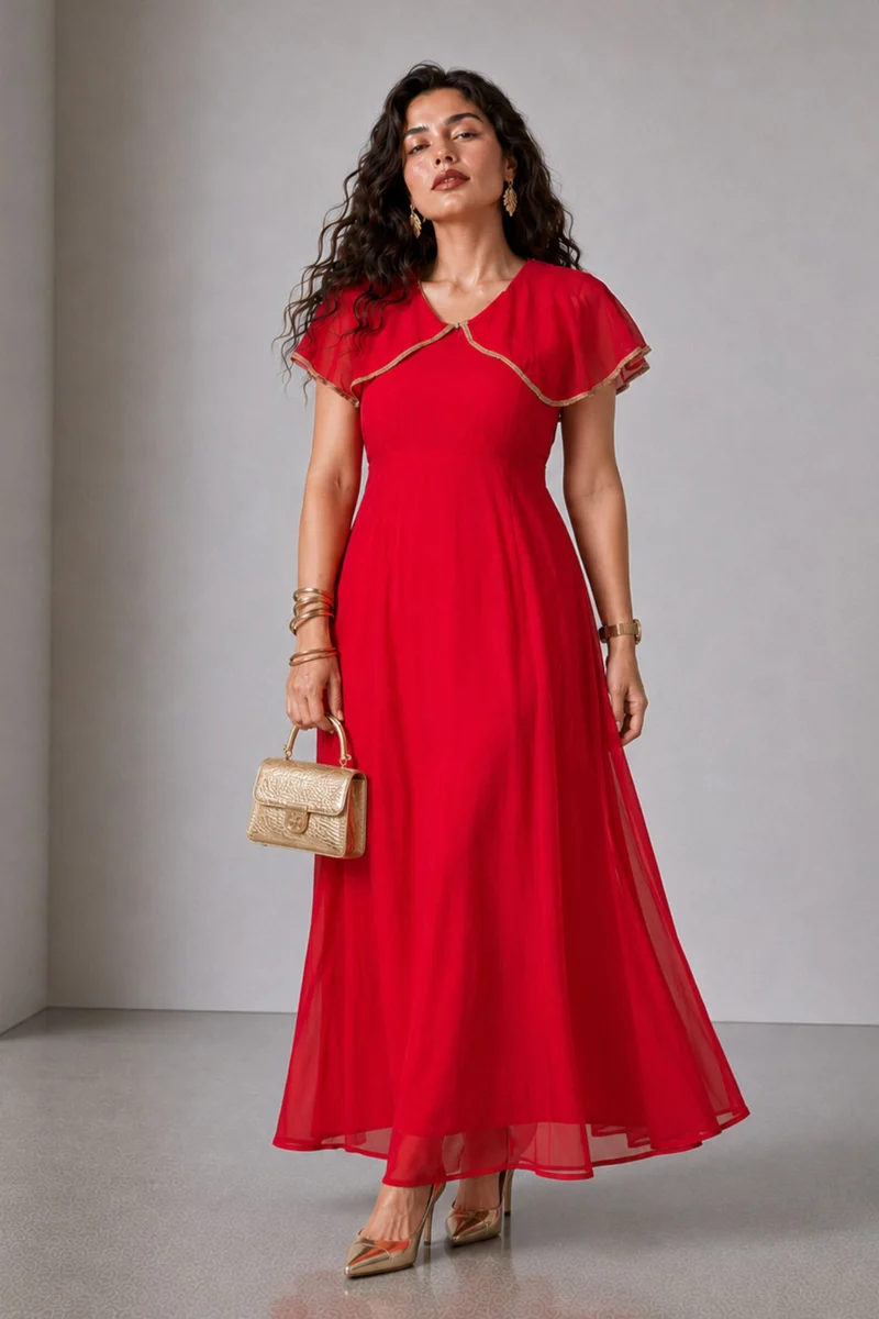 Aither|100% Viscose V Neck Laced Cape Dress