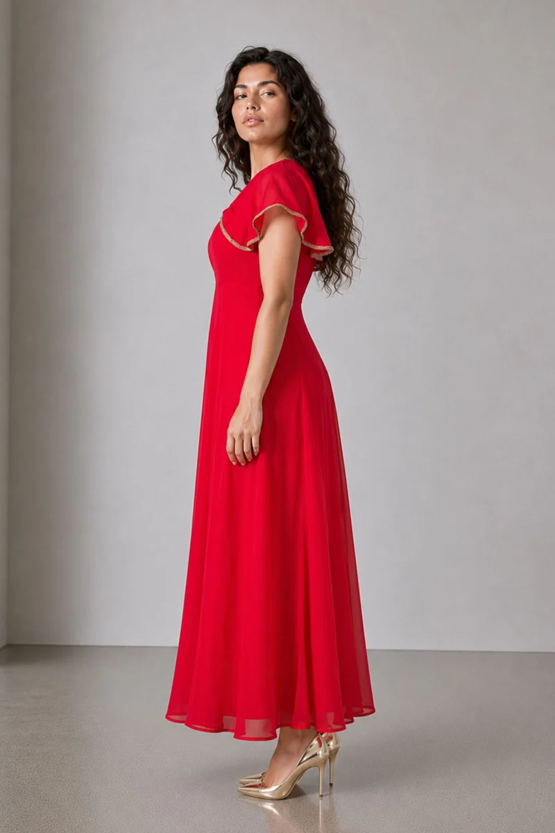 Aither|100% Viscose V Neck Laced Cape Dress