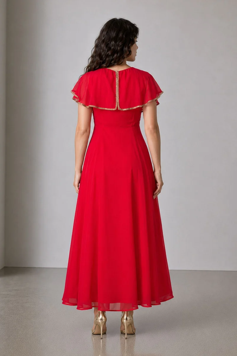 Aither|100% Viscose V Neck Laced Cape Dress
