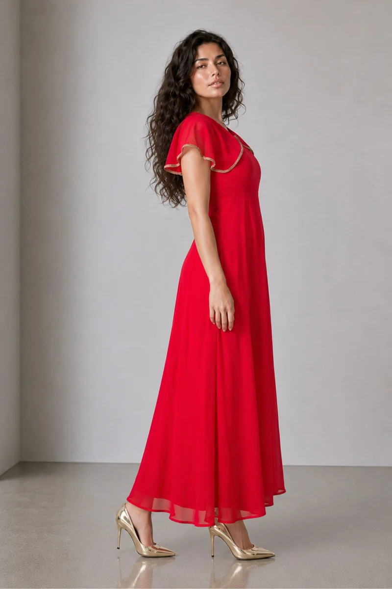 Aither|100% Viscose V Neck Laced Cape Dress