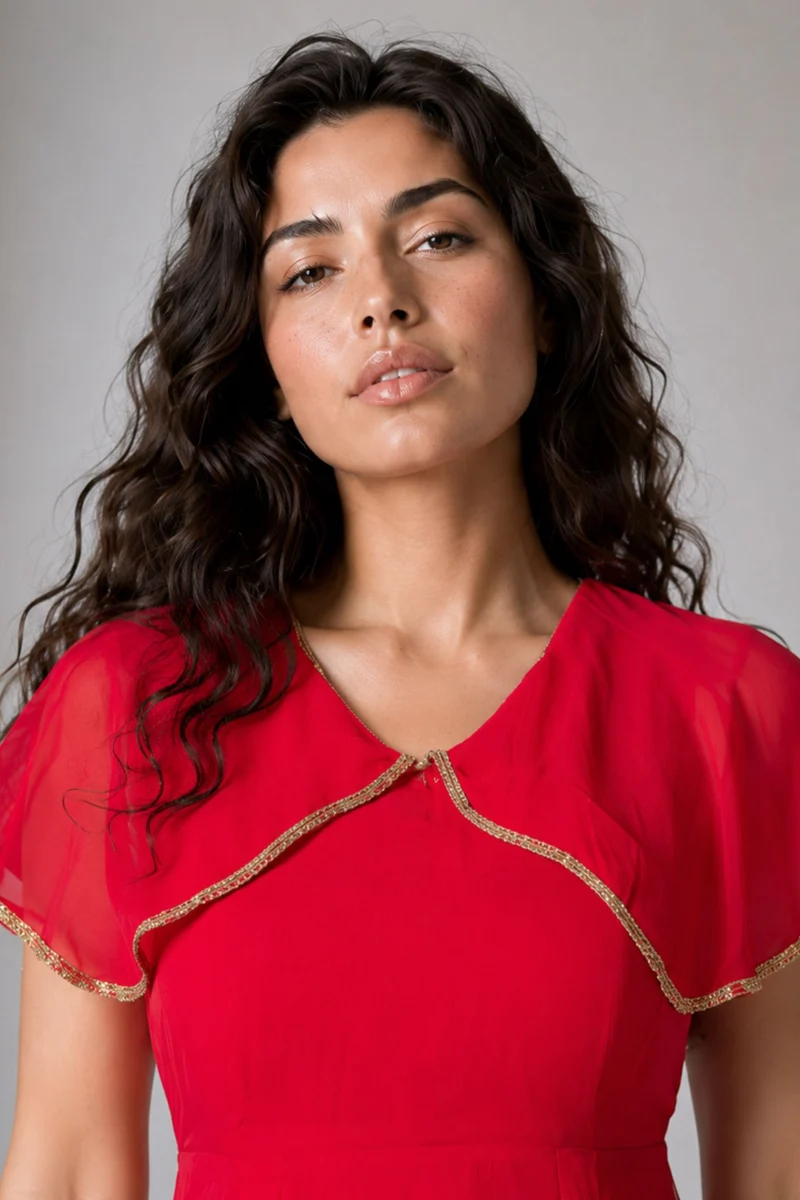 Aither|100% Viscose V Neck Laced Cape Dress