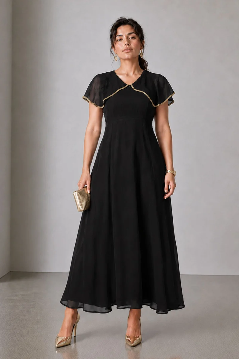Finel|100% Viscose V Neck Laced Cape Dress