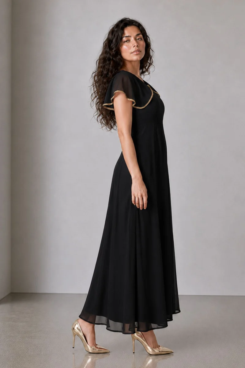 Finel|100% Viscose V Neck Laced Cape Dress