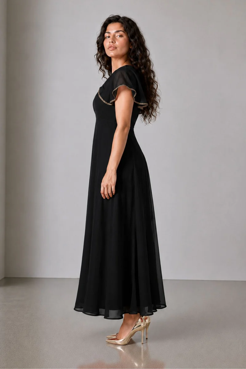 Finel|100% Viscose V Neck Laced Cape Dress