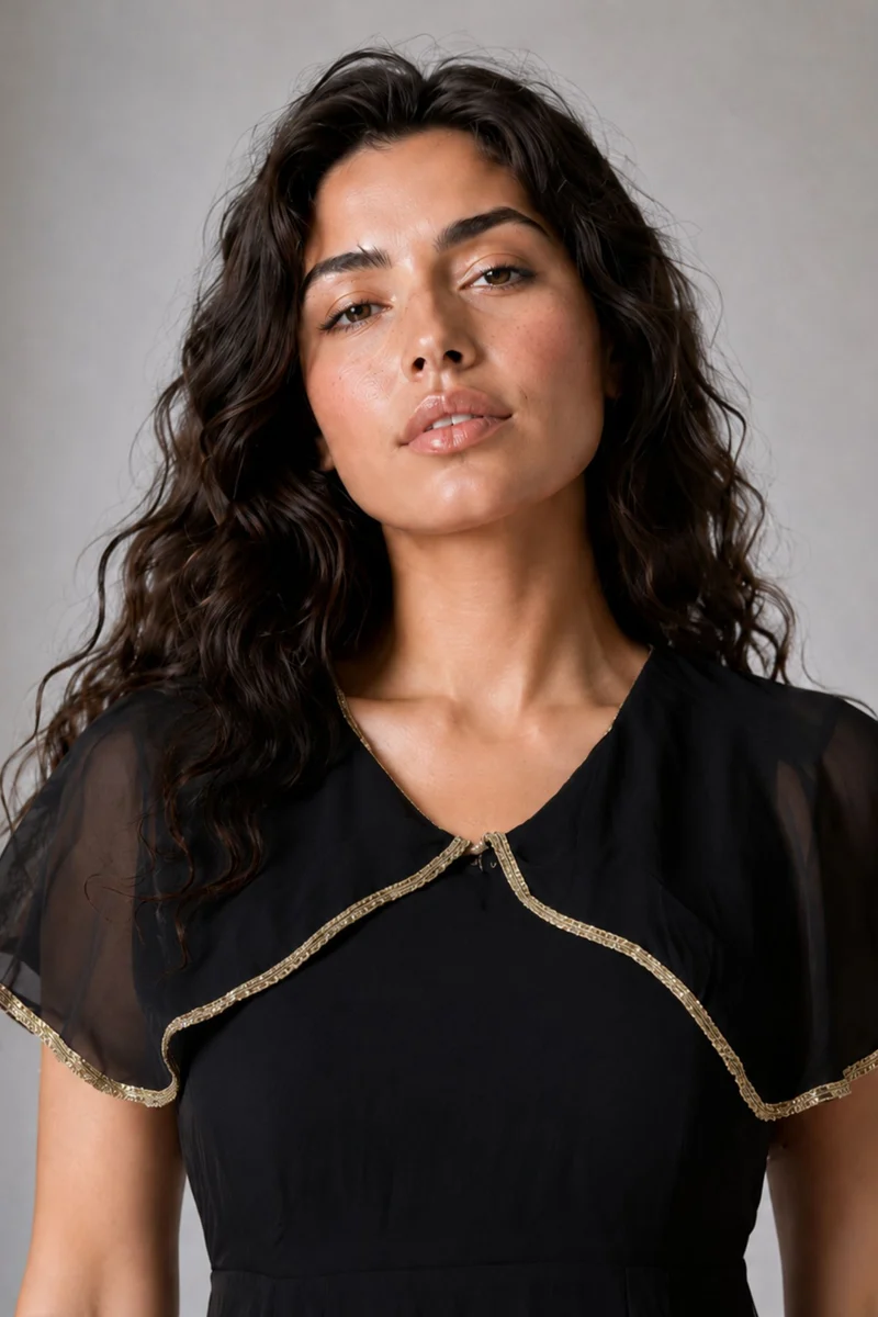 Finel|100% Viscose V Neck Laced Cape Dress