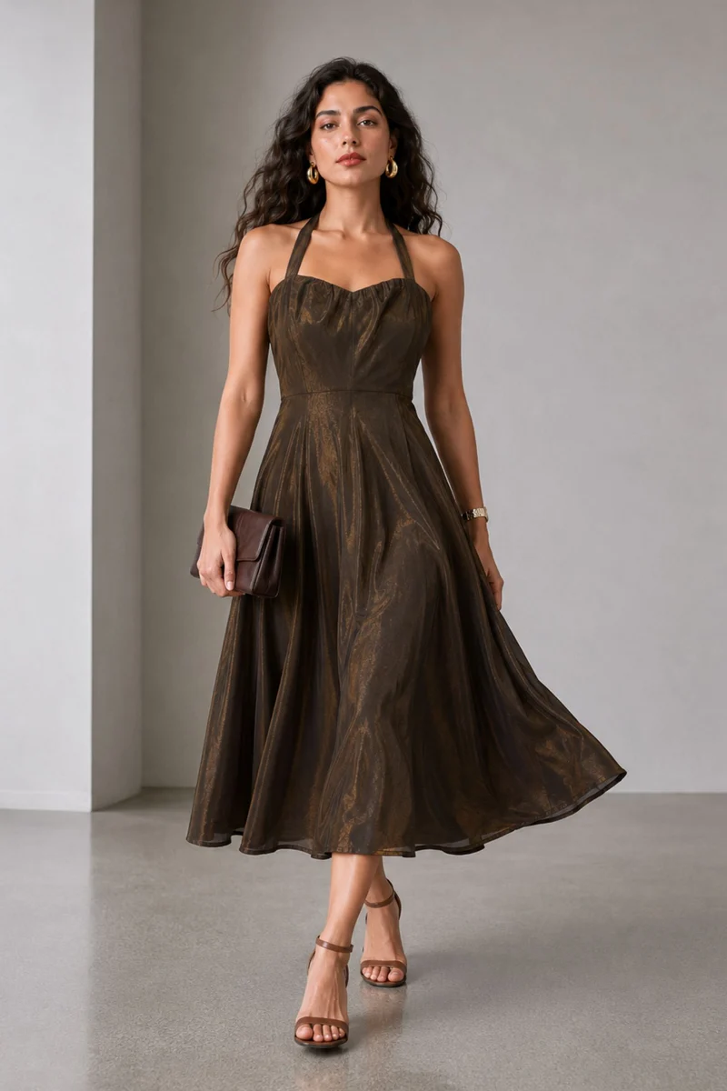 Ismie|Viscose Halter Neck Sweetheart Midi Dress