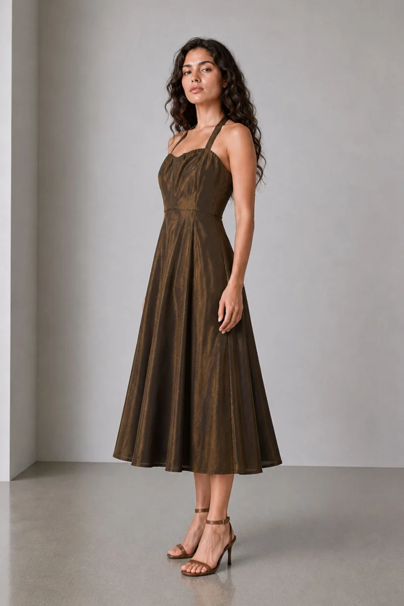 Ismie|Viscose Halter Neck Sweetheart Midi Dress
