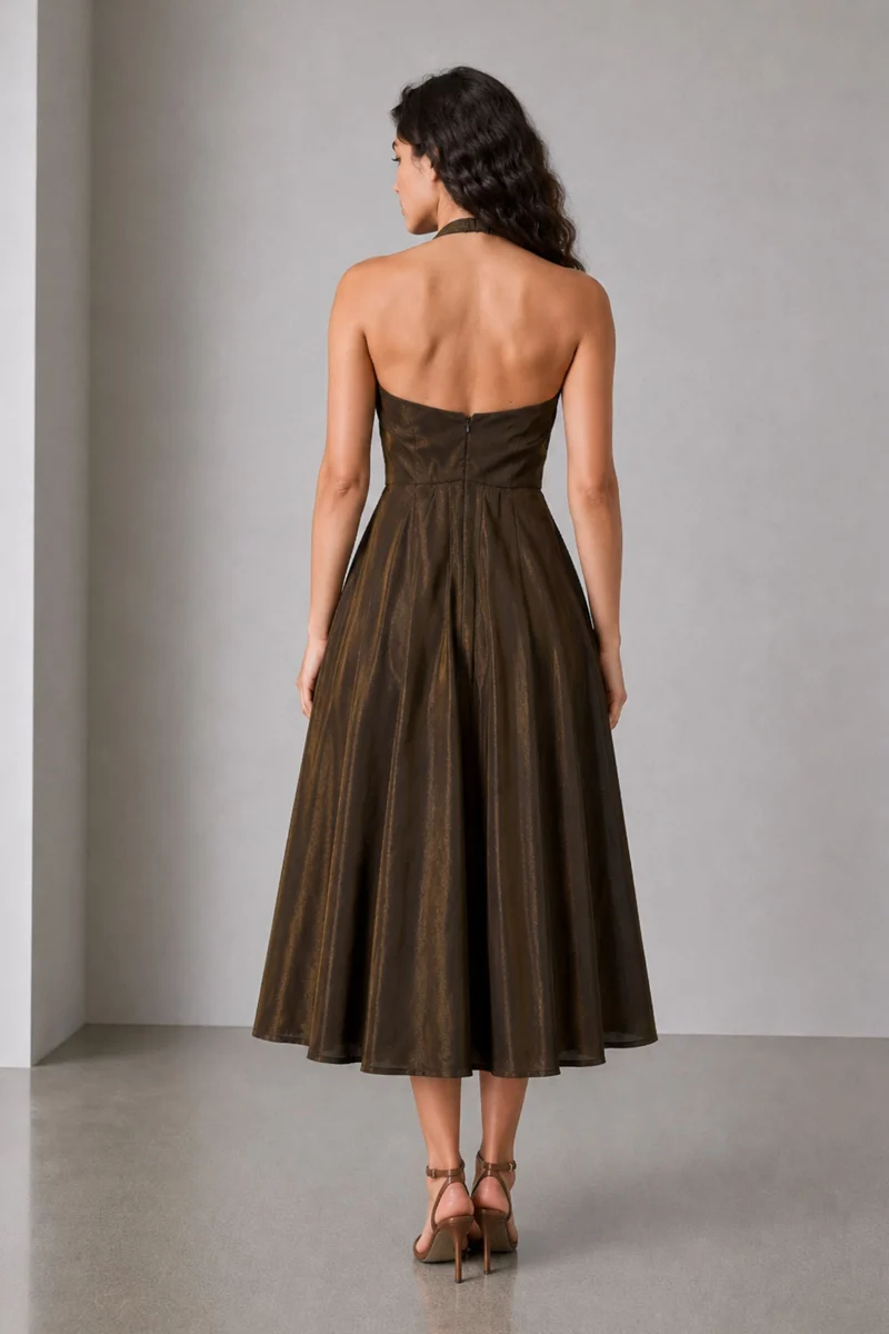 Ismie|Viscose Halter Neck Sweetheart Midi Dress