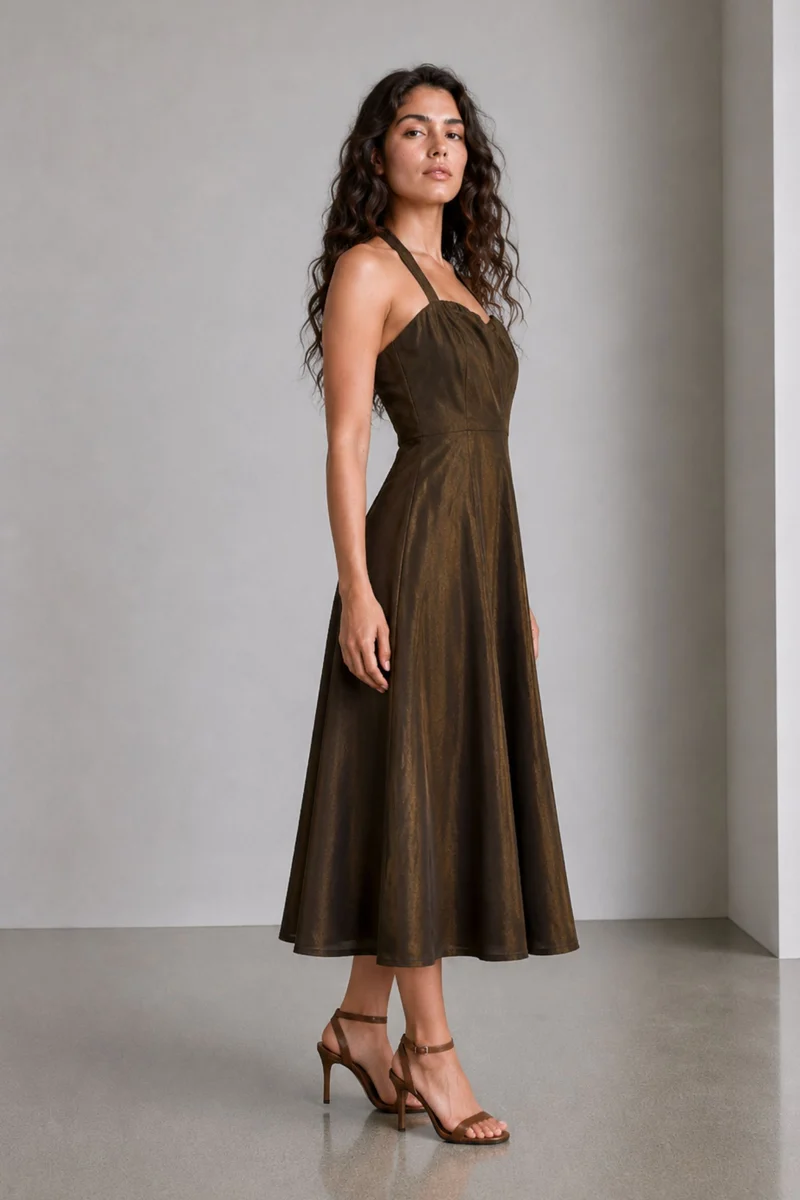 Ismie|Viscose Halter Neck Sweetheart Midi Dress