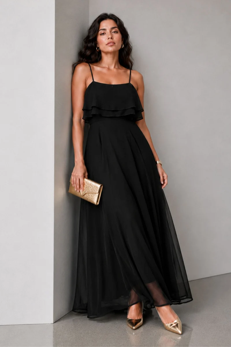 Nemi|Viscose Strappy Ruffle Flared Gown