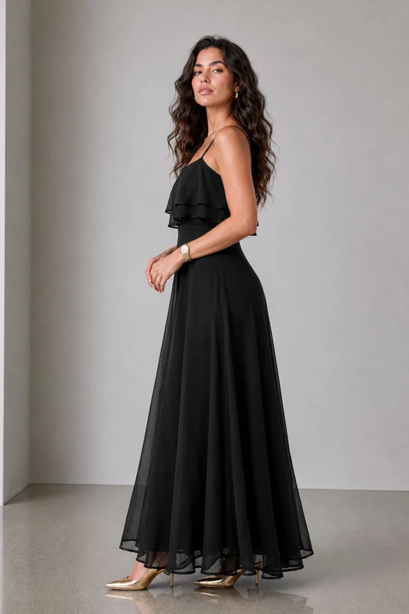 Nemi|Viscose Strappy Ruffle Flared Gown
