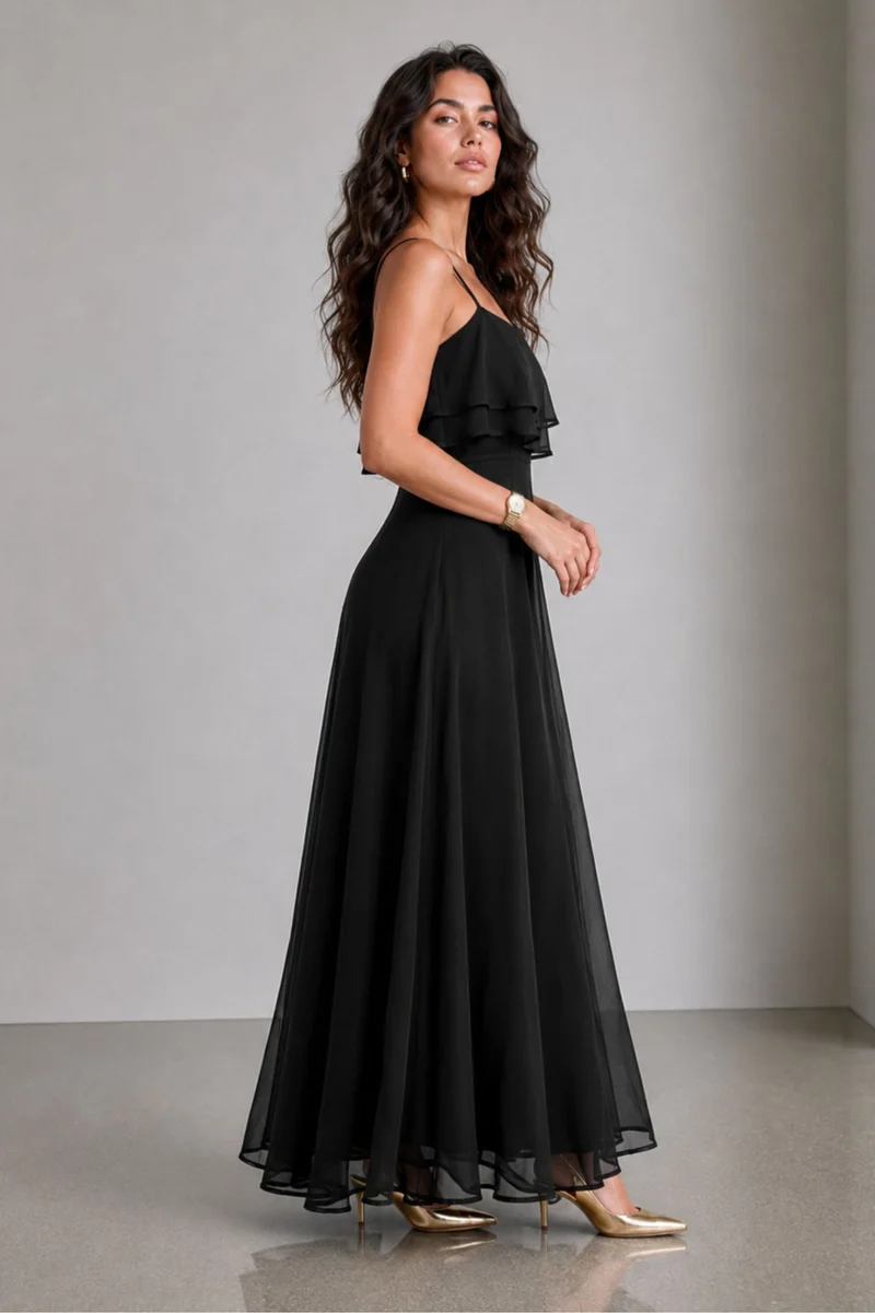 Nemi|Viscose Strappy Ruffle Flared Gown