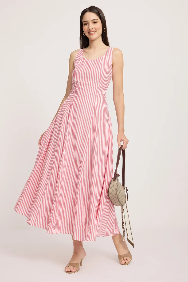 Jung|100% Cotton Striped Sleeveless Midi Dress
