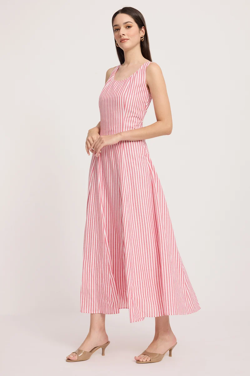 Jung|100% Cotton Striped Sleeveless Midi Dress