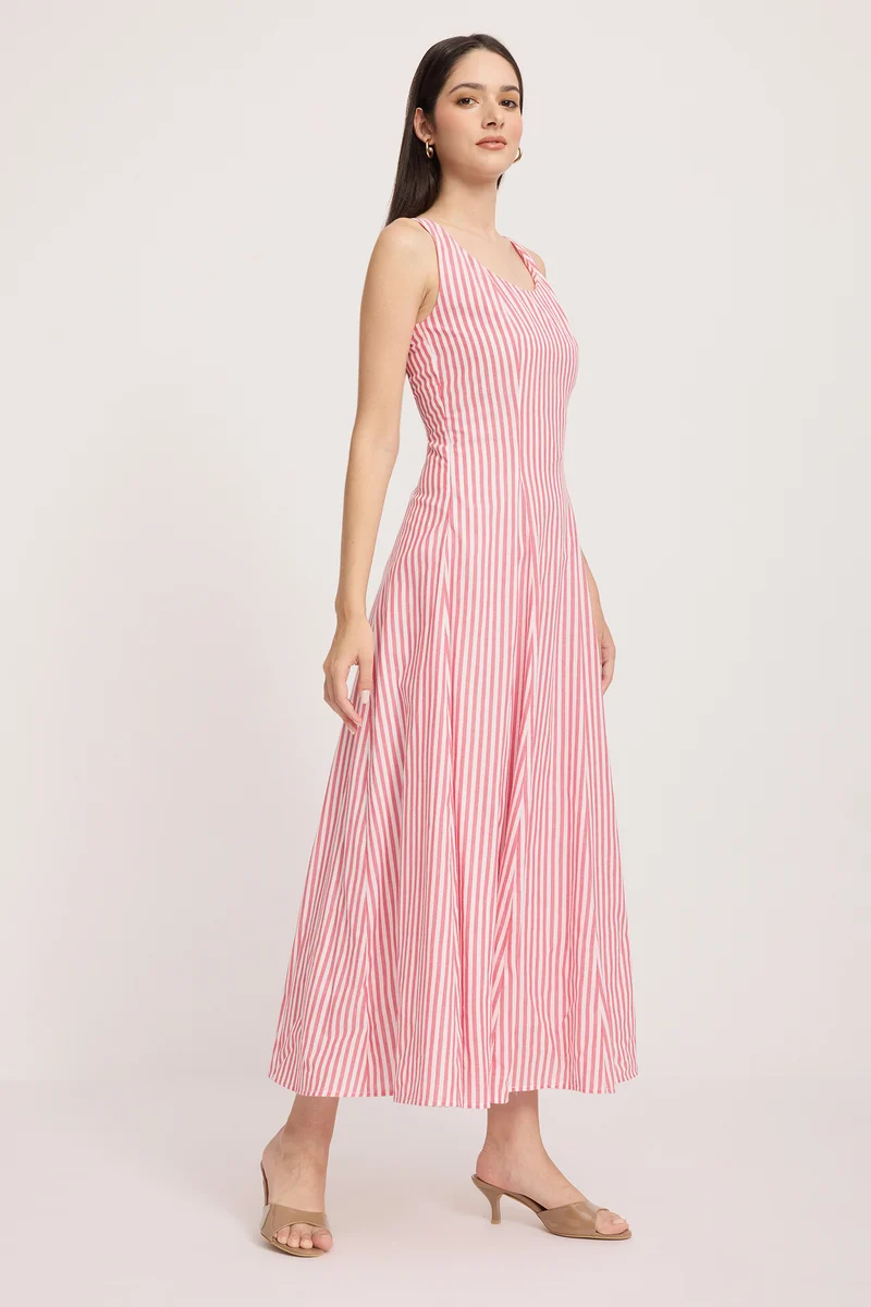 Jung|100% Cotton Striped Sleeveless Midi Dress