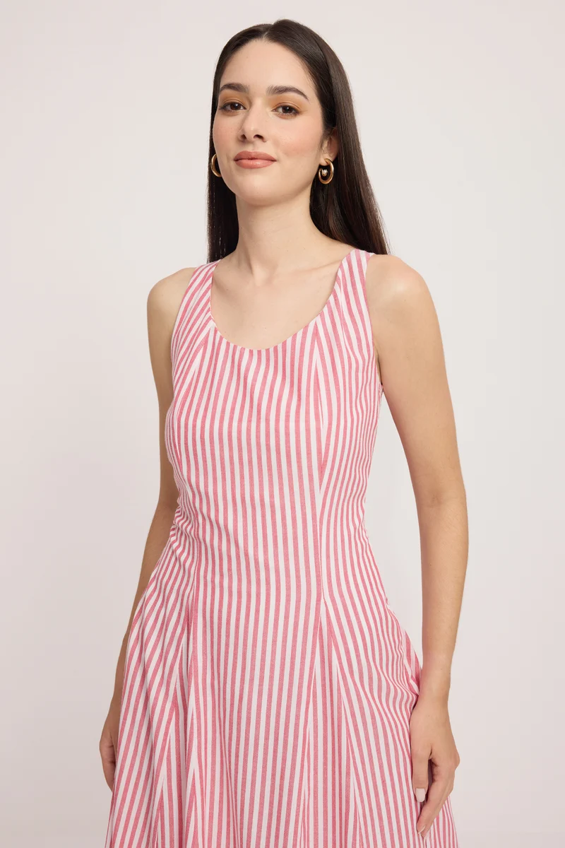 Jung|100% Cotton Striped Sleeveless Midi Dress