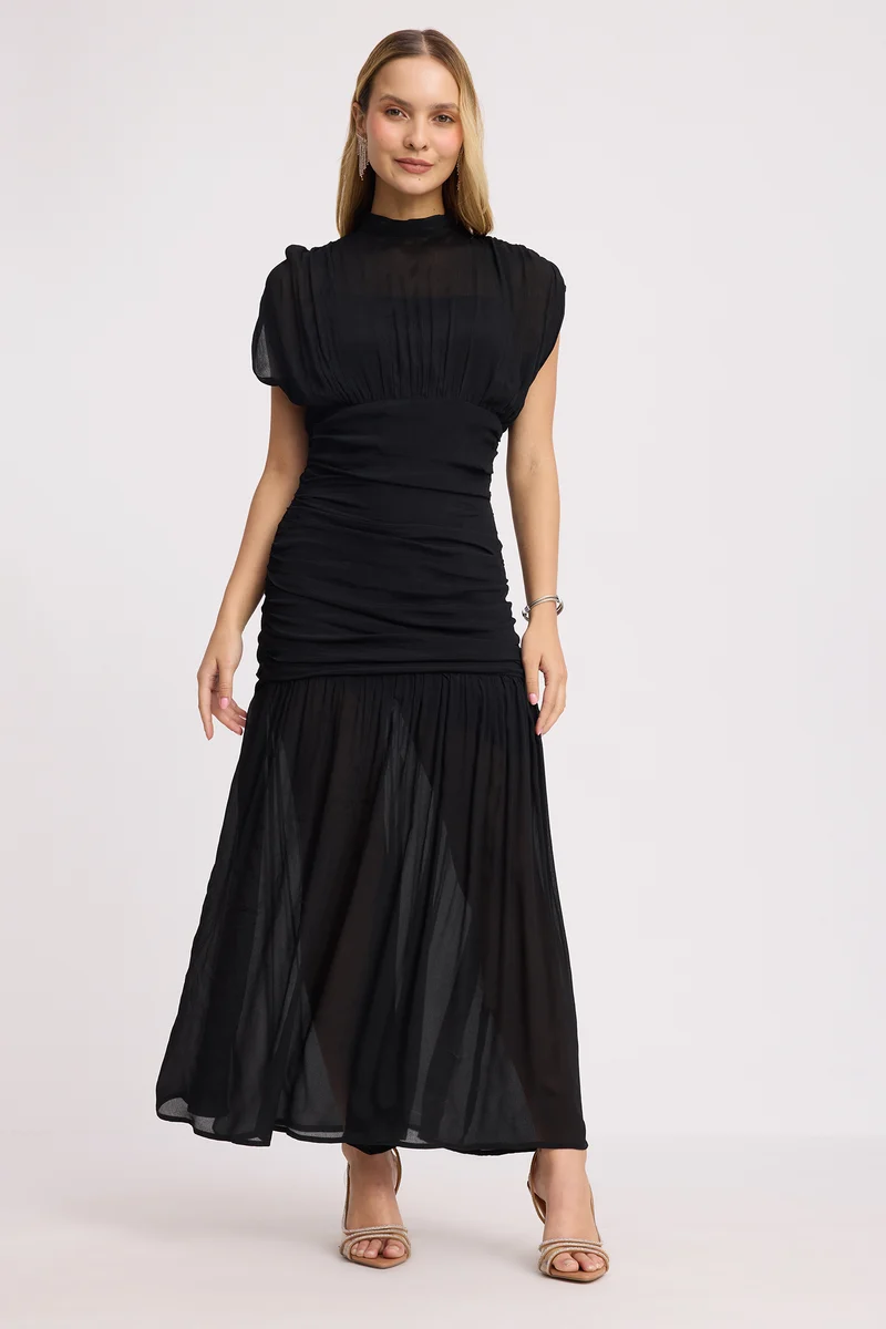 Shane|100% Viscose Ruched High Neck Maxi Dress