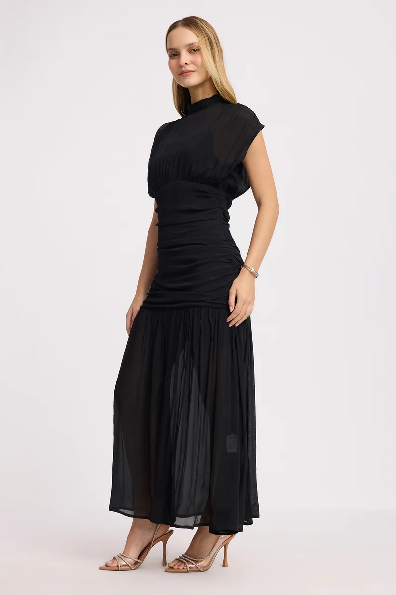 Shane|100% Viscose Ruched High Neck Maxi Dress