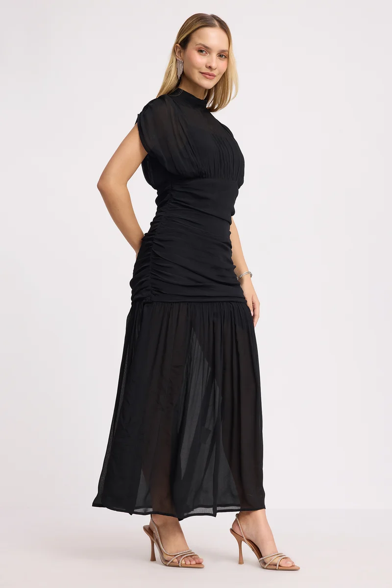 Shane|100% Viscose Ruched High Neck Maxi Dress