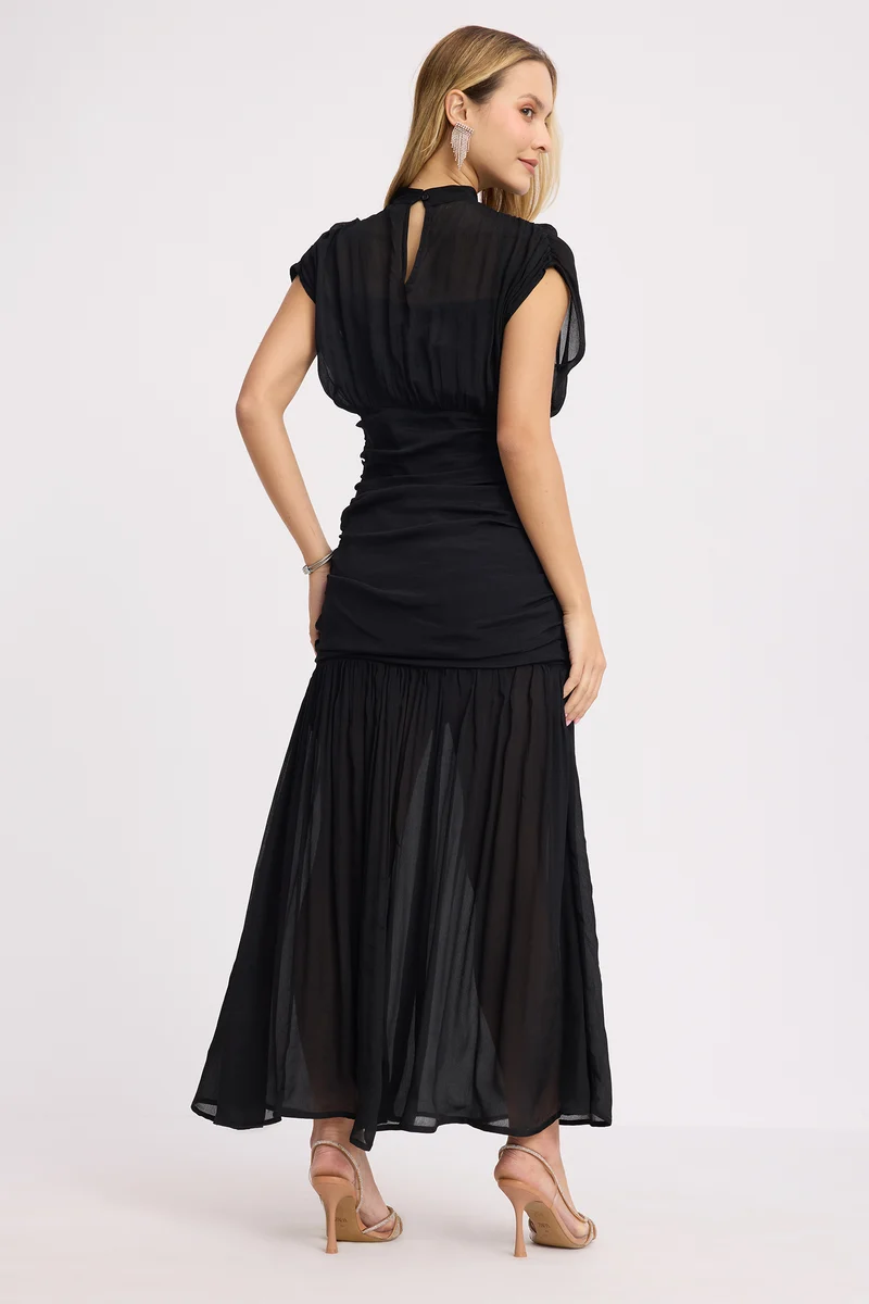 Shane|100% Viscose Ruched High Neck Maxi Dress