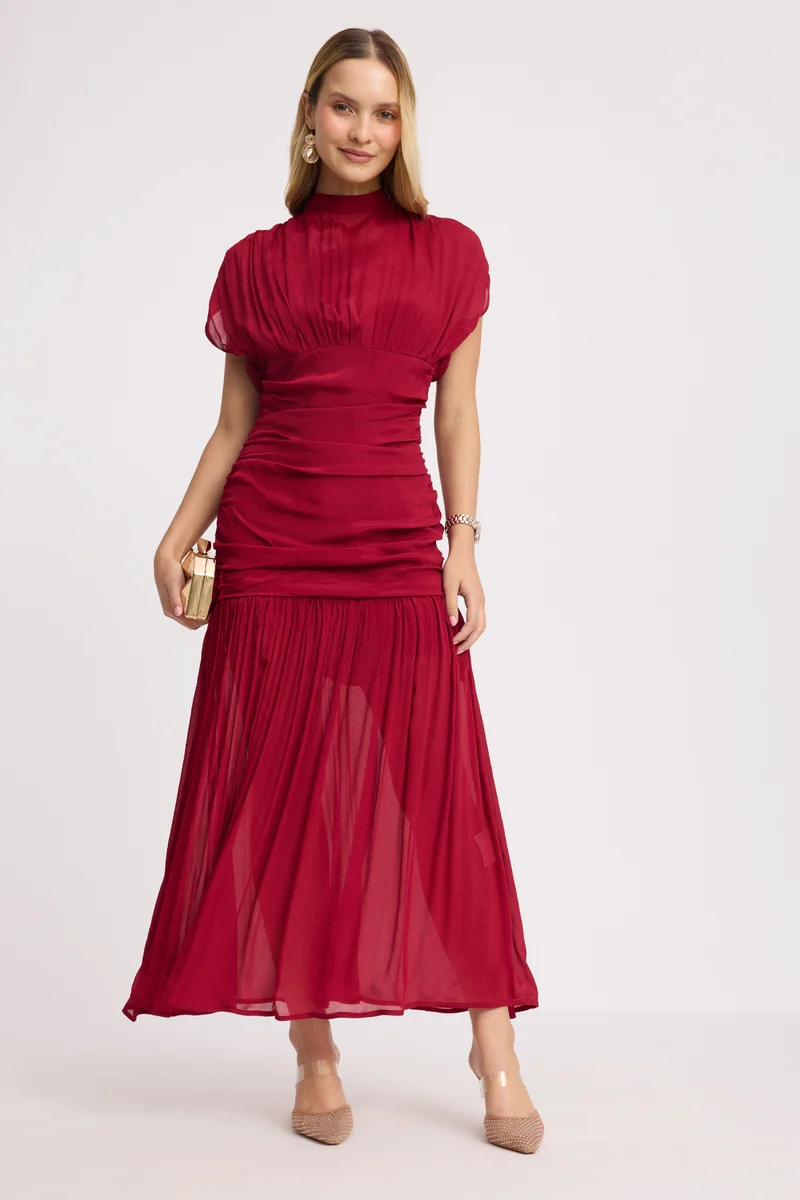 Shiny|100% Viscose Ruched High Neck Maxi Dress