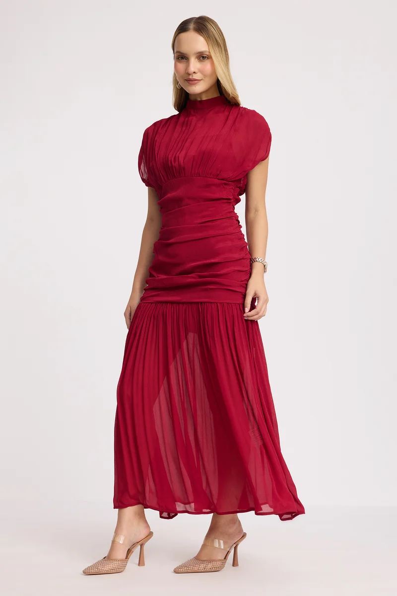 Shiny|100% Viscose Ruched High Neck Maxi Dress