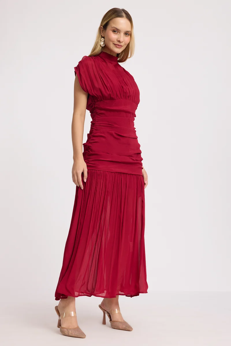 Shiny|100% Viscose Ruched High Neck Maxi Dress