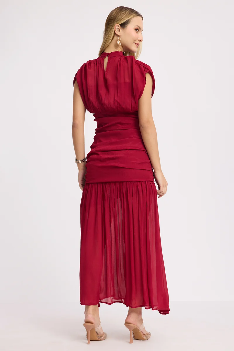 Shiny|100% Viscose Ruched High Neck Maxi Dress