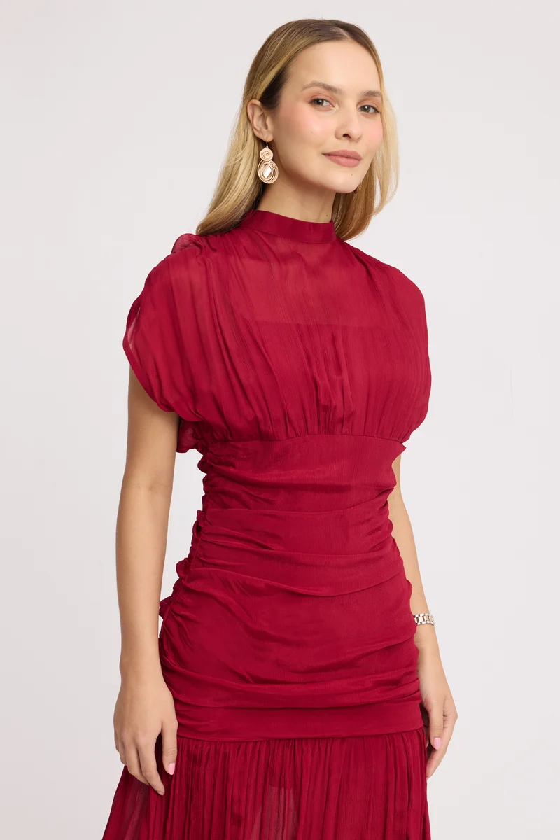 Shiny|100% Viscose Ruched High Neck Maxi Dress