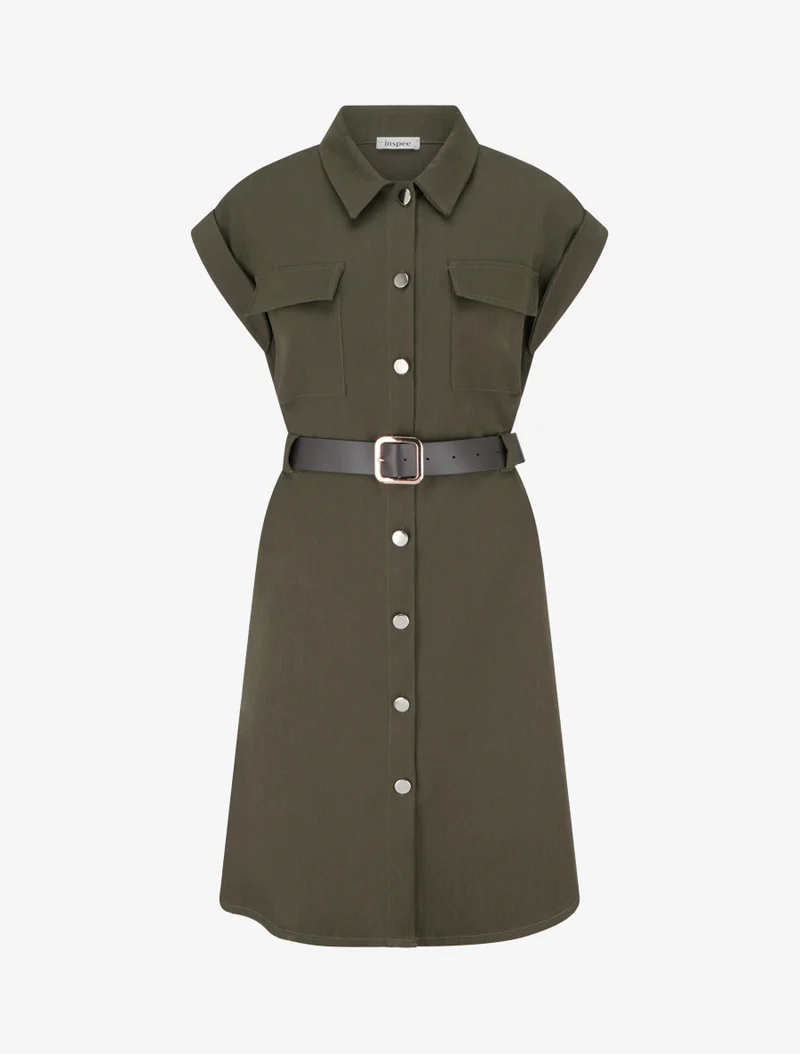 Robe chemise trapèze manches courtes - Kaki