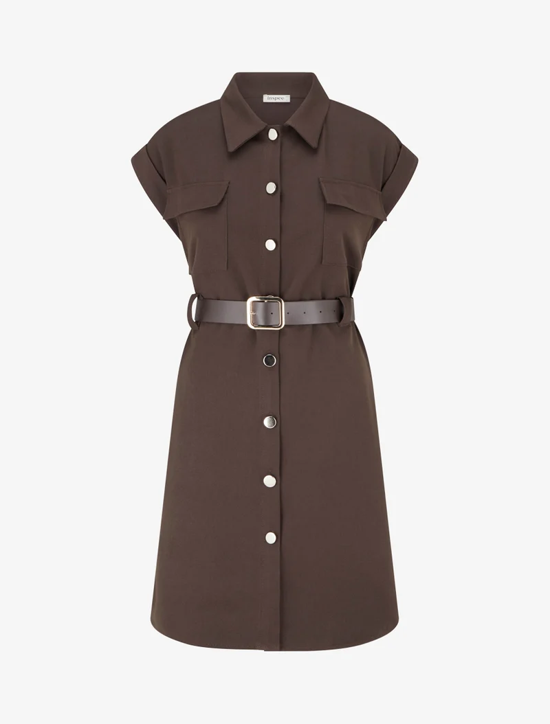 Robe chemise trapèze manches courtes - Marron