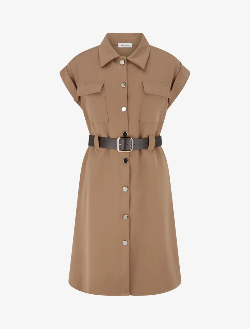 Robe chemise trapèze manches courtes - Beige